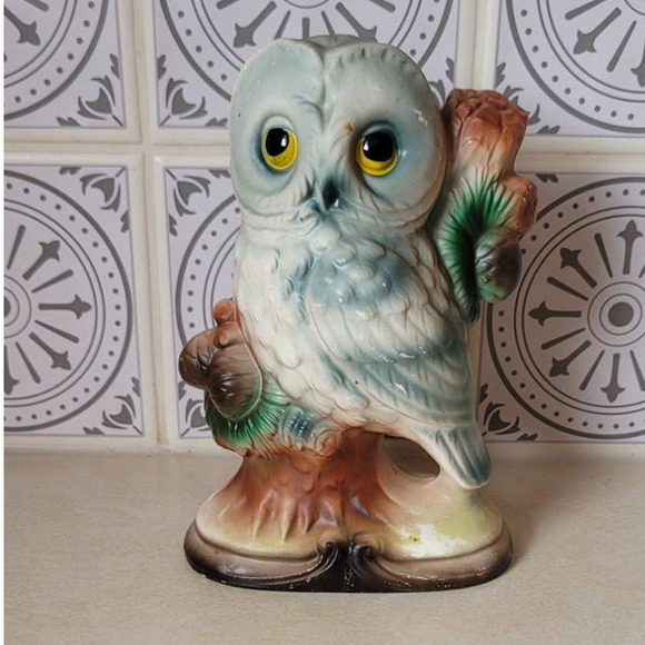 None Other - Vintage Porcelain Owl Figure on Branch with Pine Bough
